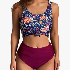 ZAFUL Two Pieces Tankini Set Women’s MEDIUM High Waisted Ruched Scoop Neck NEW
